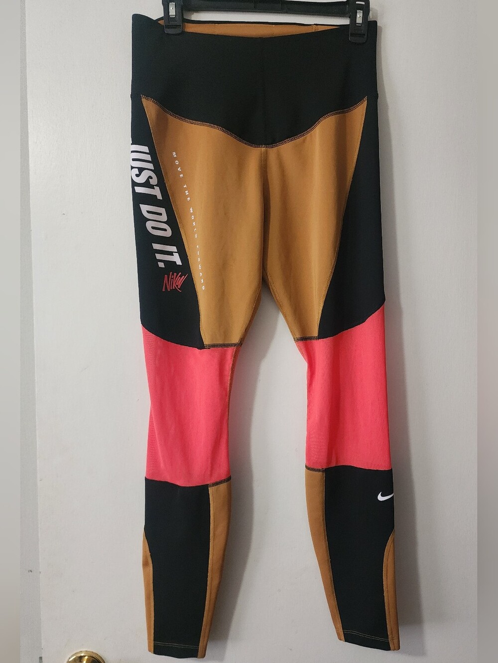 Womens Nike Just Do It Mesh Colorblock Leggings Tights in Black Tan & Pink Large